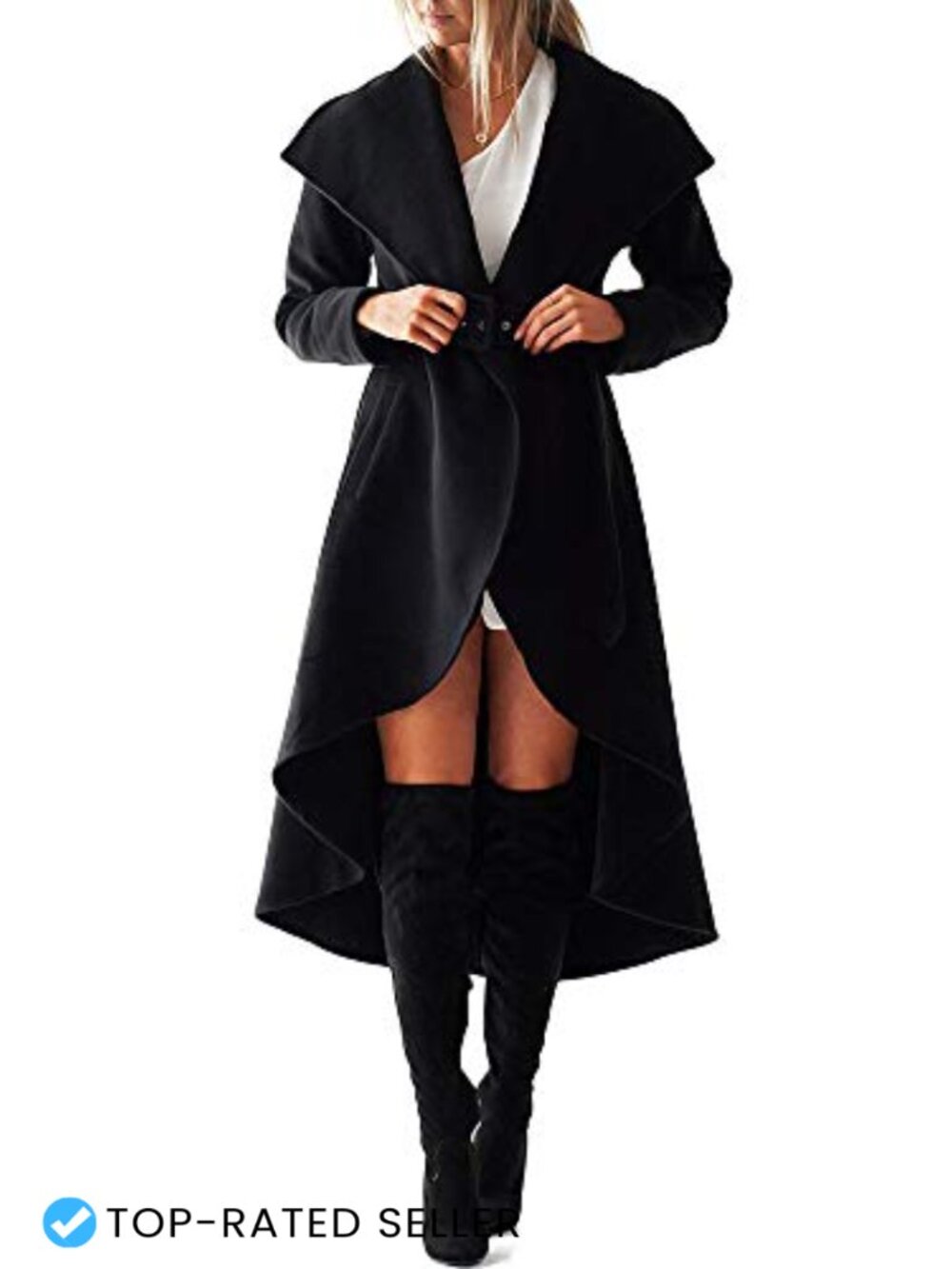 Women's Wool Trench Coat Wrap Collar High Low Belted Winter Jacket